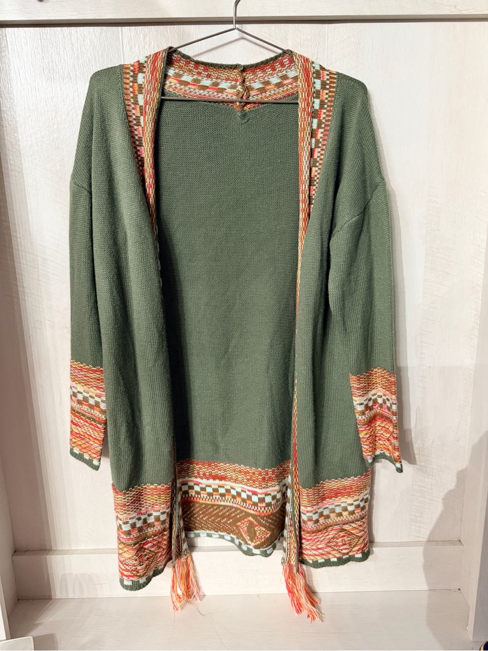 SHEIN Olive Open-Front Cardigan with Orange and Cream Trim